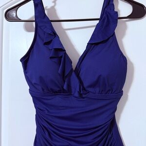 Lauren Ralph Lauren Beach Club Ruffled One Piece Swim Suit Size Small Blue